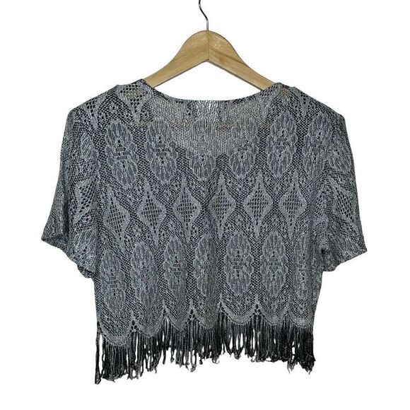 Shair Aide of CA Vintage Metallic Gold Black Lace Crop Top Fringe Hem Size 12 - Picture 8 of 15